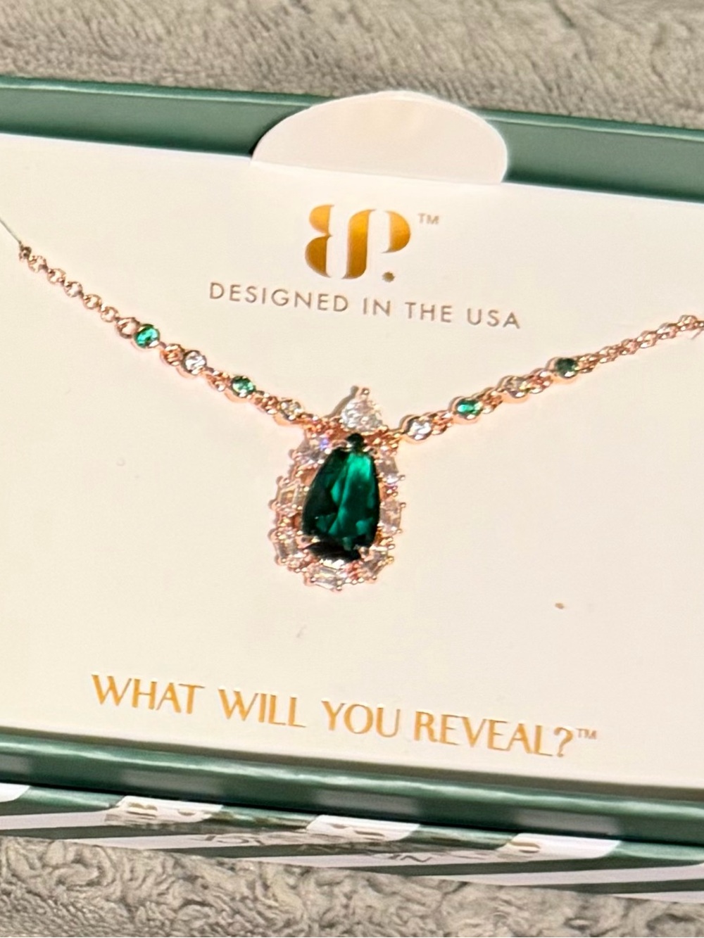 bp Rose Gold Necklace with Emerald Teardrop and Clear Halo